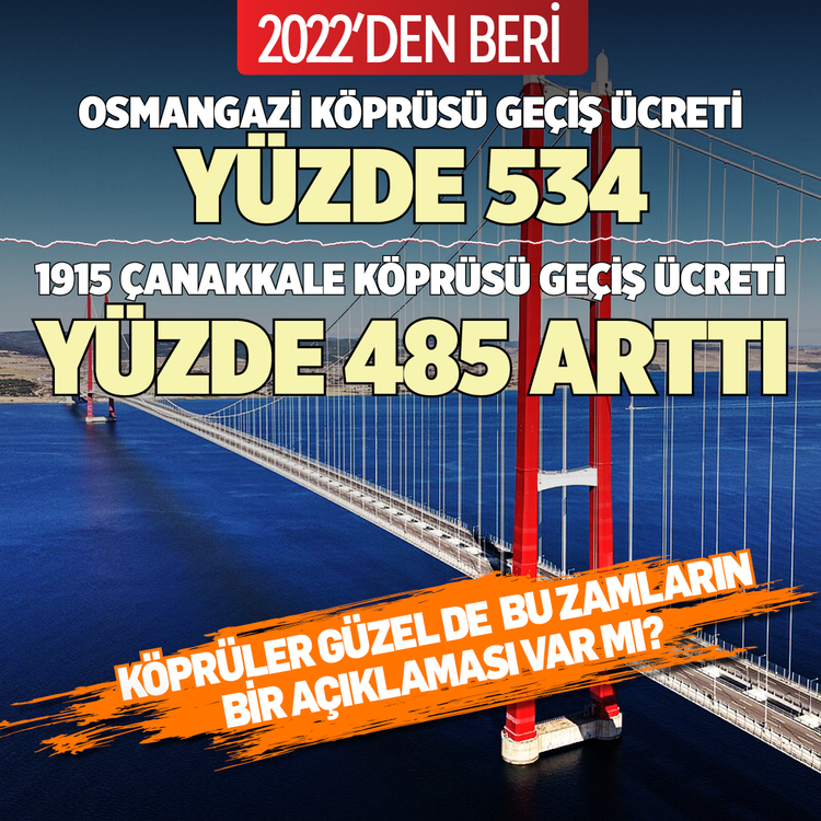 Köprüler güzel de bu zamların bir açıklaması var mı? 2022’den beri Osmangazi Köprüsü geçiş ücreti yüzde 534,  1915 Çanakkale Köprüsü geçiş ücreti yüzde 485 arttı