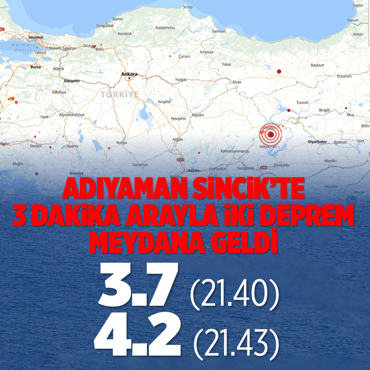 Adıyaman Sincik'te 3 dakika arayla iki deprem meydana geldi
