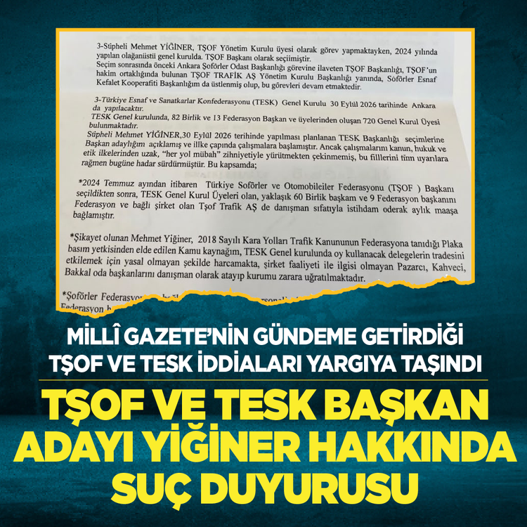 Millî Gazete’nin gündeme getirdiği TŞOF ve TESK iddiaları yargıya taşındı: TŞOF ve TESK başkan adayı Yiğiner hakkında suç duyurusu
