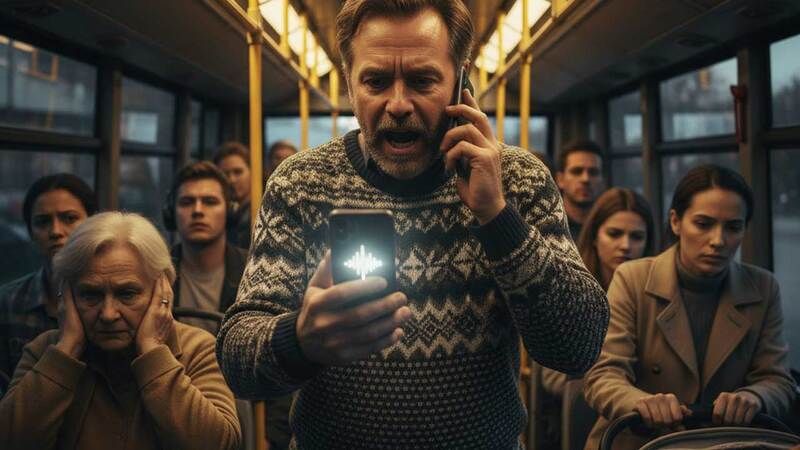 Bir otobüste, telefonu kulağına götürmek yerine hoparlörü açıp avaz avaz konuşan bir kişi