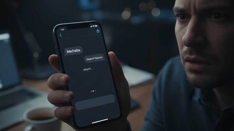 Bir sohbet uygulamasında sadece 'Merhaba.' yazan bir mesaj balonu ve altında 'yazıyor...' ifadesi