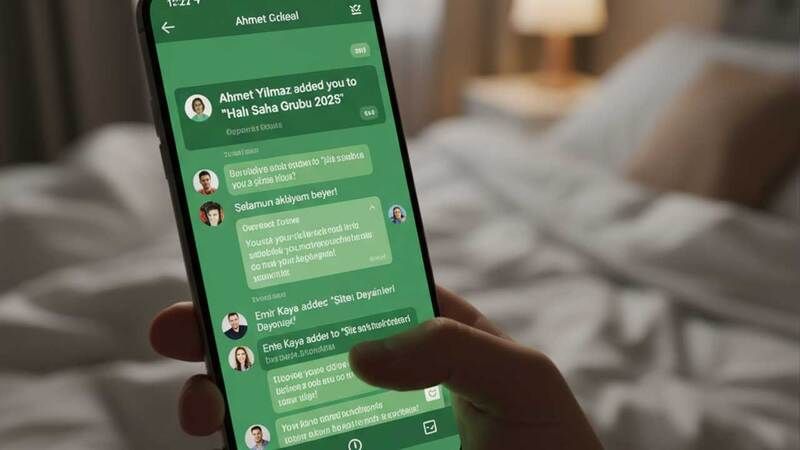 Bir telefon ekranında 'X kişisi sizi 'Halı Saha Grubu 2025' grubuna ekledi' bildirimi