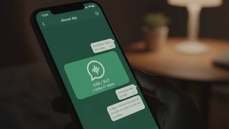 Bir WhatsApp sohbet ekranında, 2 dakika 47 saniye uzunluğunda bir sesli mesaj balonu