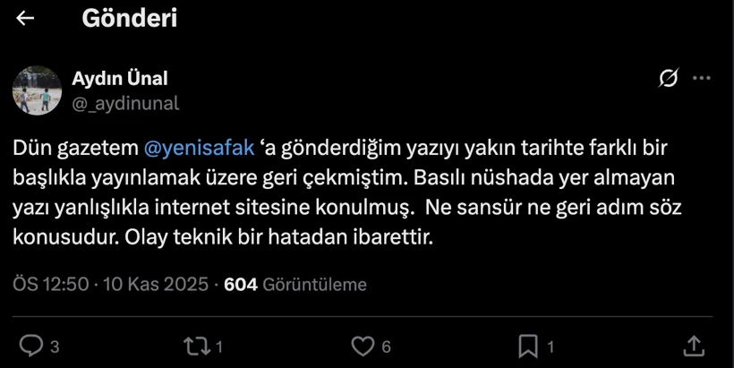 Atatürk’ü Eleştiren Yazısı Siteden Kaldırıldı! Yeni Şafak Aydın Ünal’ı Sildi2