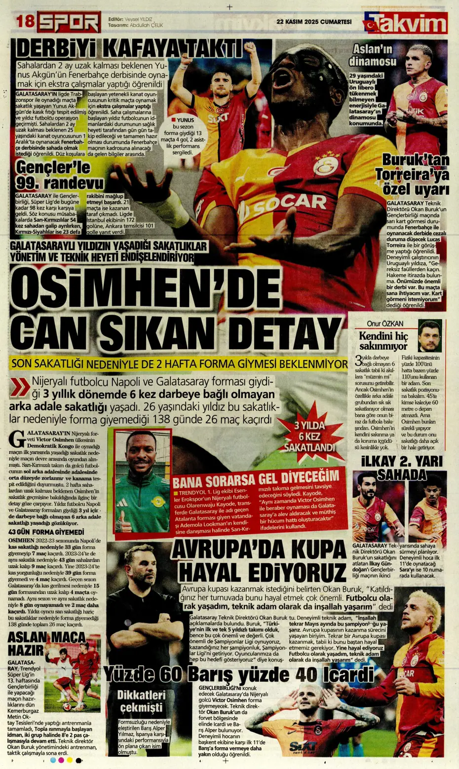 Spor haberleri: 22 Kasım 2025 gazetelerde futbol manşetleri