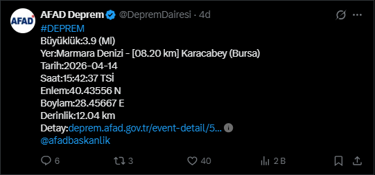 Marmara Denizi'nde Deprem!
