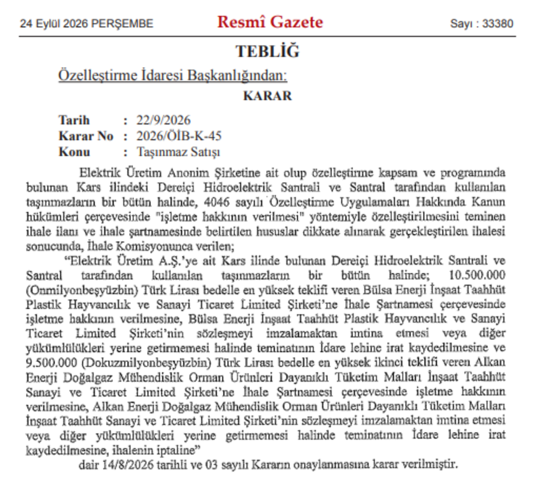 Kars'taki Hes Satışına Öi̇b'den Onay! 10.5 Milyon Tl'lik Ihaleyi Kim Kazandıs