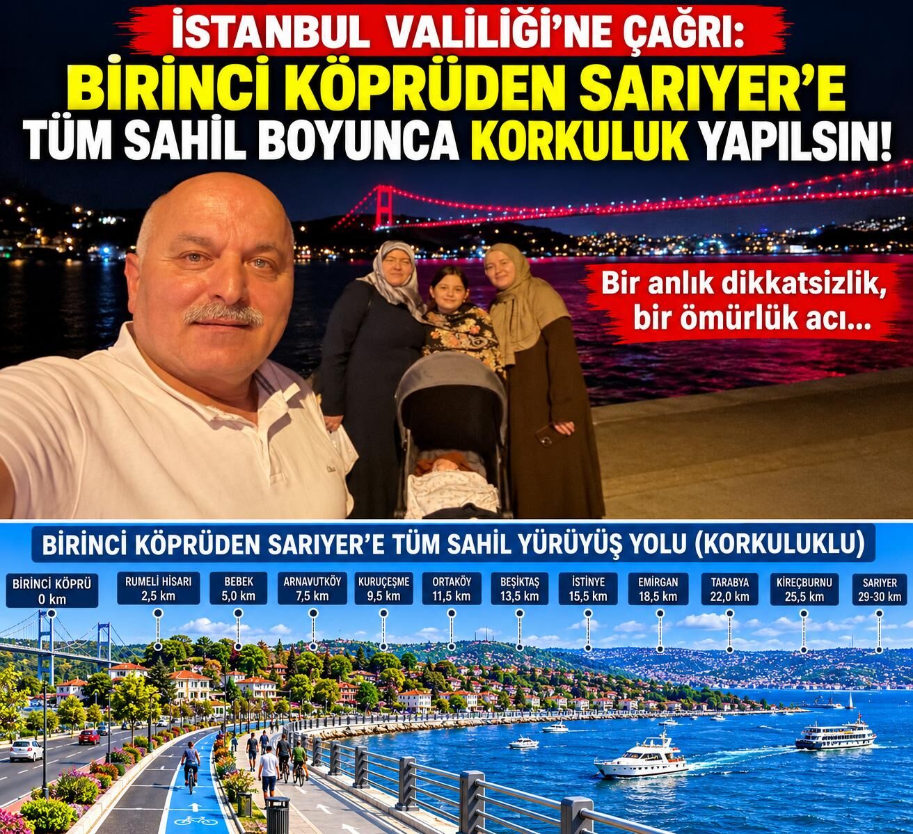 İstanbul Valiliği’ne Çağrı Birinci Köprü’den Itibaren Tüm Boğaz Sahili Boyunca Korkuluk Yapılsın!